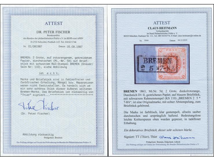 1863, 2 Gr. durchstochen, dunkelgelblichorange, gestrichenes Papier, dunkle Nuance, winzig oxydiert und unbedeutende Knitteru