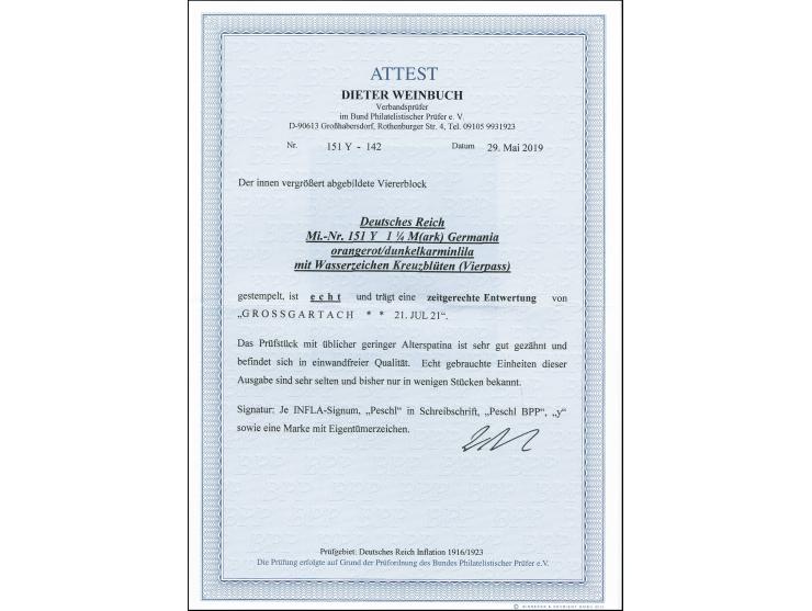 1 1/4 Mark orangerot/dunkelkarminlila mit Wasserzeichen Kreuzblütten im Viererblock, sauber mit Stempel "GROSSGARTACH 21.JUL.