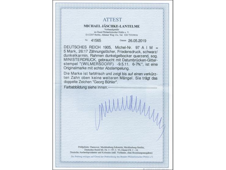 5 Mark schwarz/dunkelkarmin, Rahmen dunkelgelbocker quarzend, sogenannter MINISTERDRUCK, sauber gestempelt mit verkürztem Zah