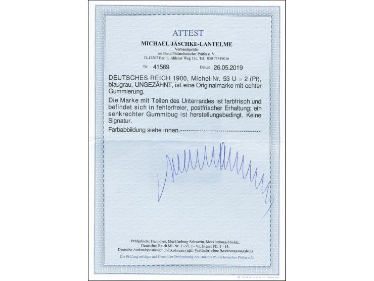 2 Pfennig blaugrau ungezähnt mit Teilen des Unterrandes, postfrisch mit herstellungsbedingtem, senkrechten Gummibug, tadellos