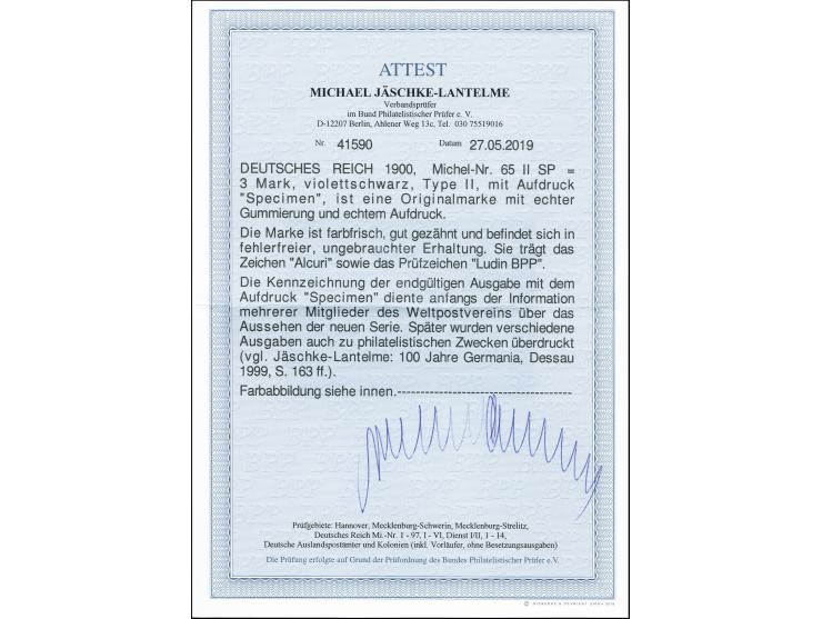 3 Mark violettschwarz, Type II mit Aufdruck "Specimen", ungebraucht, tadellos, signiert Alcuri und Ludin BPP und Fotoattest J
