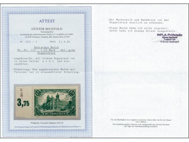 1,25 Mark dunkelgrün mit Doppeldruck, Randstück, ungebraucht, tadellos, selten, Fotoattest Bechtold BPP (1991) (Mi. 1.200,-)