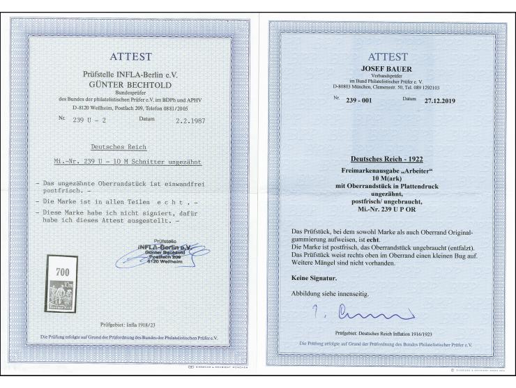 1922, Arbeiter 10 M., breitrandig ungezähntes Oberrandstück, postfrisch mit kleiner Entfalzungsspur im Oberrand; tadellos und