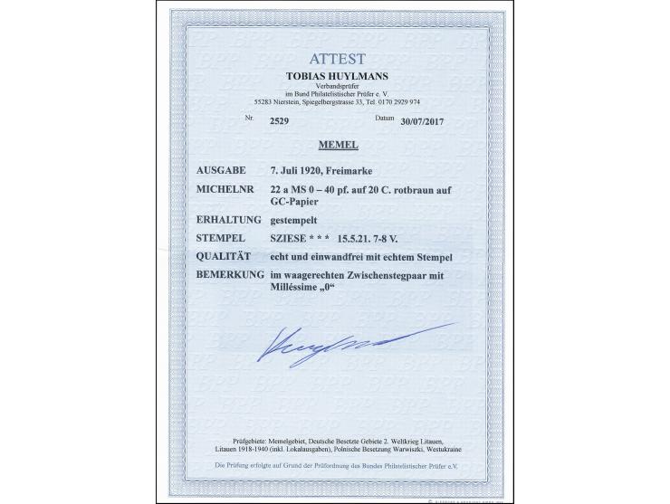 Semeuse 40pf. auf 20c. rotbraun im waagerechten Zwischenstegpaar mit Millésime "0", sauber gestempelt "SZIESE 15.5.21", tadel