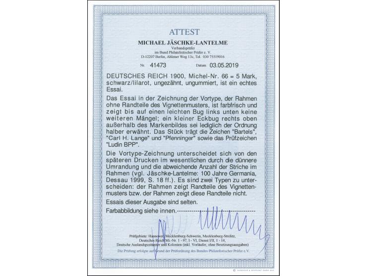 5 M., Essay in der Zeichnung der Vortype, dabei der Rahmen ohne Randteile des Vignettenmusters, breitrandig ungezähnt auf ung