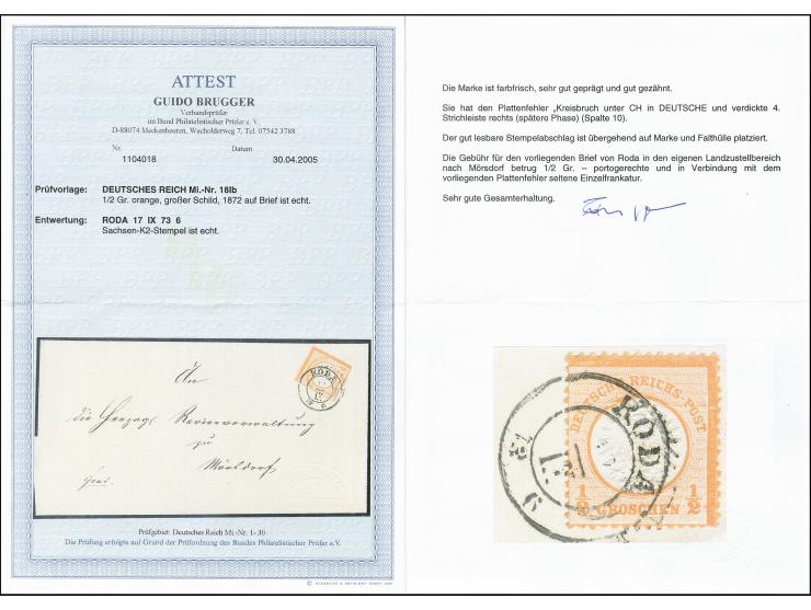 1872, Großer Schild ½ Gr. orange mit Plattenfehler "Kreisbruch unter CH in DEUTSCHE und verdickte 4. Strichleiste rechts, far