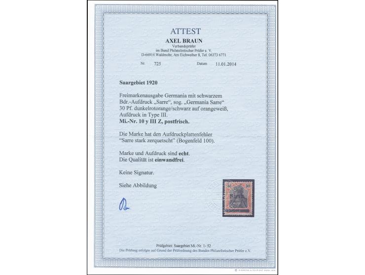 30 Pfg. dunkrotorange/schwarz auf orangweiß, postfrisch, tadellos, Fotoattest Braun BPP (2014)