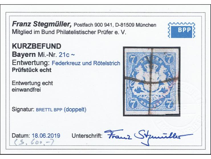 7 Kr. preußischblau, farbfrisch und gut voll- bis breitrandig mit zentrischem Federkreuz und kleinem Rötelstrich, einwandfrei