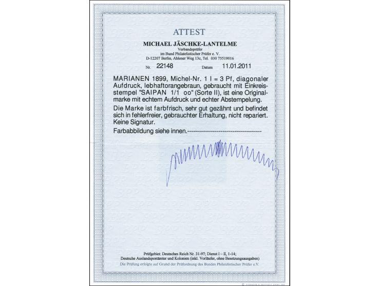 1899, 3 Pfg. mit zentrischem Stempel "SAIPAN 1/1 oo" (Sorte II), Pracht, Fotoattest Jäschke-L. BPP (2011) (Mi. 1.000,-)