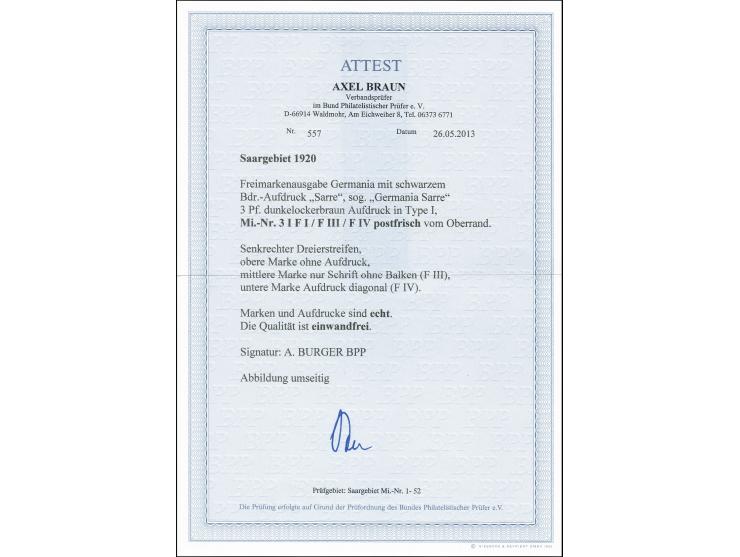 3 Pfg. im senkrechten Oberrand-Dreierstreifen, die obere Marke ohne Aufdruck, die mittlere Marke nur mit Aufdruck "Sarre", di