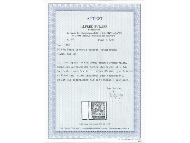 10 Pfg. dunkelrosarot mit linkem Seitenrand, sauber ungebraucht, tadellos, mit der Aufdruckplatte Id-3 ist lediglich ein Boge