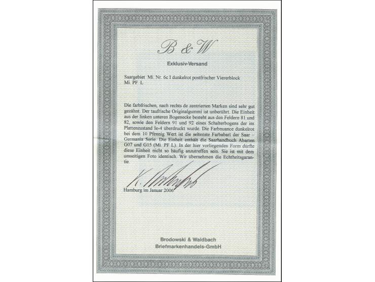 10 Pfg. dunkelrot im Viererblock aus der linken unteren Bogenecke, die rechte untere Marke mit Aufdruckfehler "S oben abgesch