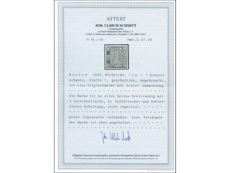 1849, 1 Kr. schwarz, Platte 1, farbfrisch und allseits breitrandig mit Schnittlinien an drei Seiten, ungebraucht, tadellos, u