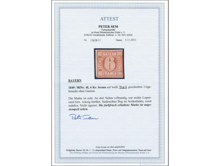 6 Kr. braun, Type I, farbfrisch und dreiseitig vollrandig, ungebraucht ohne Gummi, rechts mit Lupenrand bzw. winzig berührt u