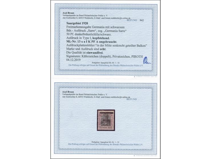 50 Pfg. dunkelbräunlichlila/schwarz auf chromgelb mit Aufdruckfehler "senkrecht geteilter Balken", sauber ungebraucht, tadell