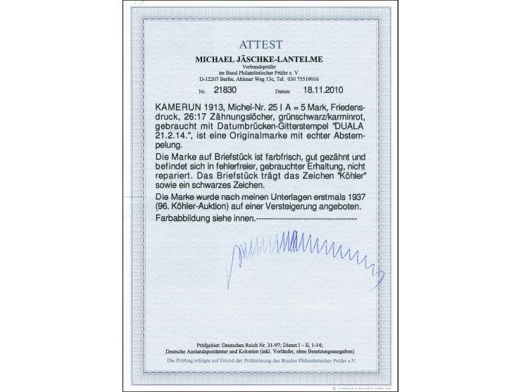 1905/19, Ausgabe mit Wz. 5 M., farbfrisch und gut gezähnt mit sauberem Stempel "DUALA 21.2.14" auf Briefstück, Pracht, sign. 