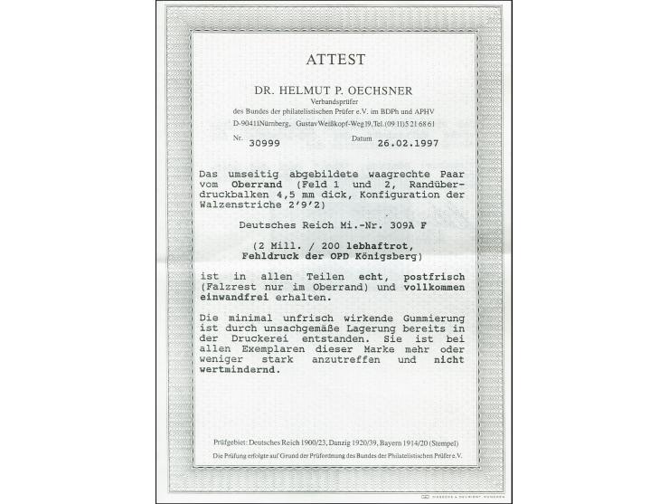 Fehldruck 2 Mio. auf 200 M. lilarot, Walze "2'9'2" mit 4,5 mm dickem Balken, postfrisch mit schwarzen Farbspuren, im Oberrand