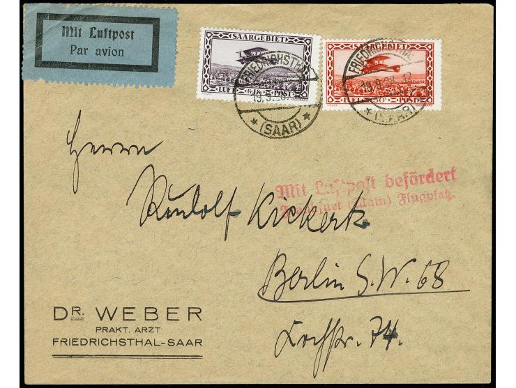 50 C. und 1 Fr. je mit Ersttagsstempel „FRIEDRICHSTHAL 19.9.28“ auf überfrankiertem Luftpost-Drucksachenumschlag mit Flugpost