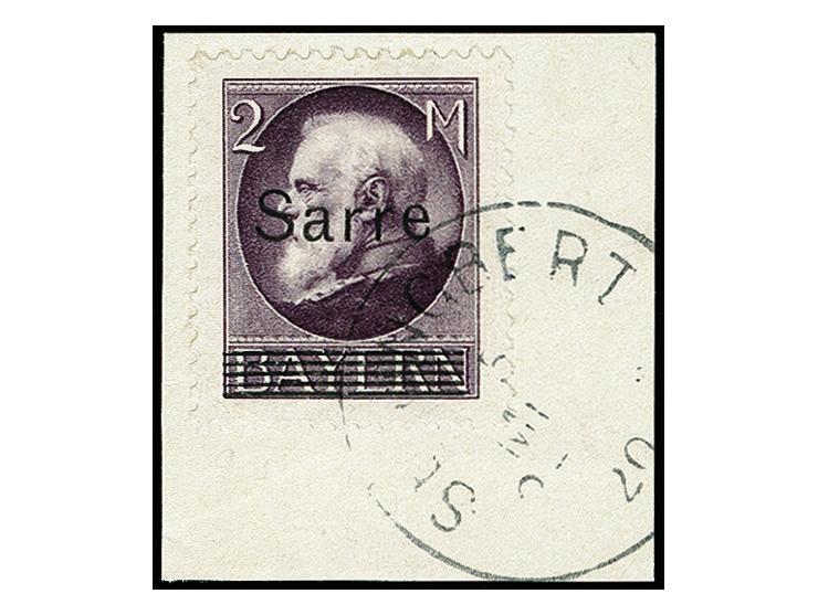 2 M. schwarzgrauviolett mit Stempel „ST.INGBERT 5.MRZ.20“ auf Briefstück, tadellos, sehr schönes Exemplar dieser seltenen Far