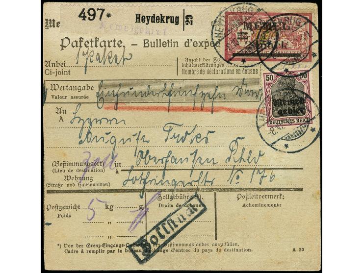 Germania 50 Pfg., drei Werte vorder- und rückseitig mit Zufrankatur mit Stempel "HEYDEKRUG 8.10.20" auf Wert-Paketkarte nach 