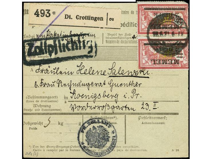 2m. auf 1fr. im senkrechten Paar (Randklebung, Mgl.) mit Stempel "CROTTINGEN 18.6.21" auf Paketkarte nach Königsberg, tadello