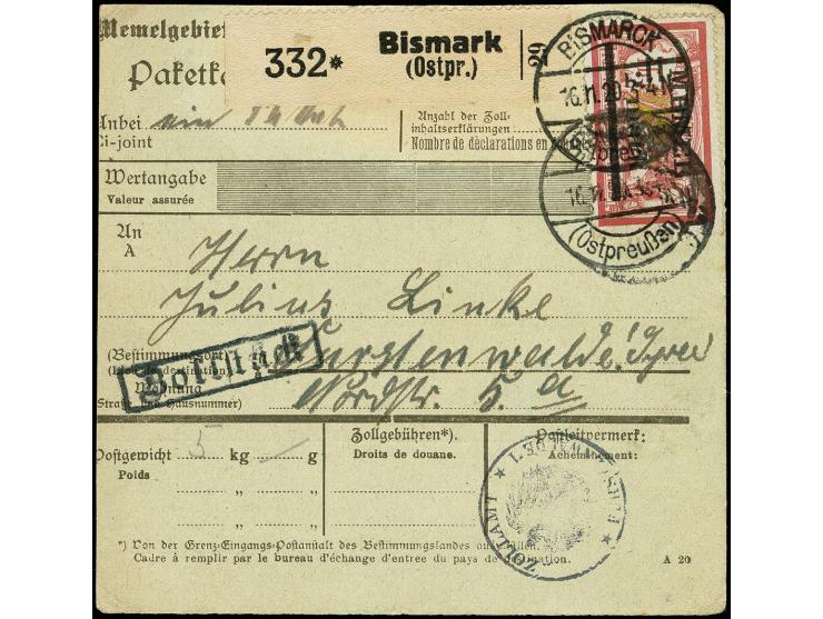 2m. auf 1fr. mit Stempel "BISMARCK 16.11.20" auf Paketkarte nach Fürstenwalde, kleiner Eckknitter, sonst tadellos