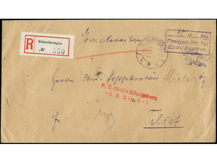 "Freigebühr für Einn. Nachw." violetter Ra3 mit eingesetzem Wert "90" und nebengesetzten Stempel "SCHMALLENINGKEN 6.2.23" Ein