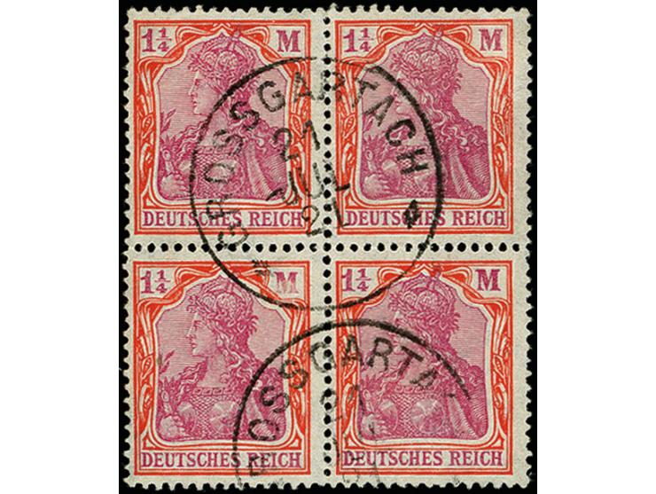 1 1/4 Mark orangerot/dunkelkarminlila mit Wasserzeichen Kreuzblütten im Viererblock, sauber mit Stempel "GROSSGARTACH 21.JUL.