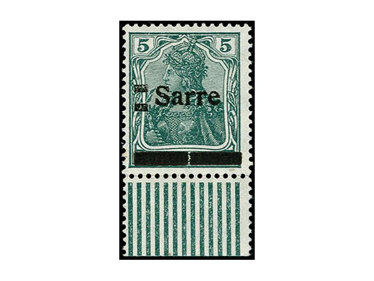 5 Pfg. grün Unterrandstück mit "Doppelklötzchen vor Sarre" (SI003), sauber ungebraucht, tadellos, diese nur auf Feld 92 vorko