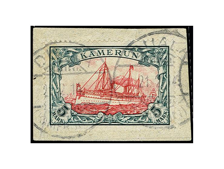 1905/19, Ausgabe mit Wz. 5 M., farbfrisch und gut gezähnt mit sauberem Stempel "DUALA 21.2.14" auf Briefstück, Pracht, sign. 