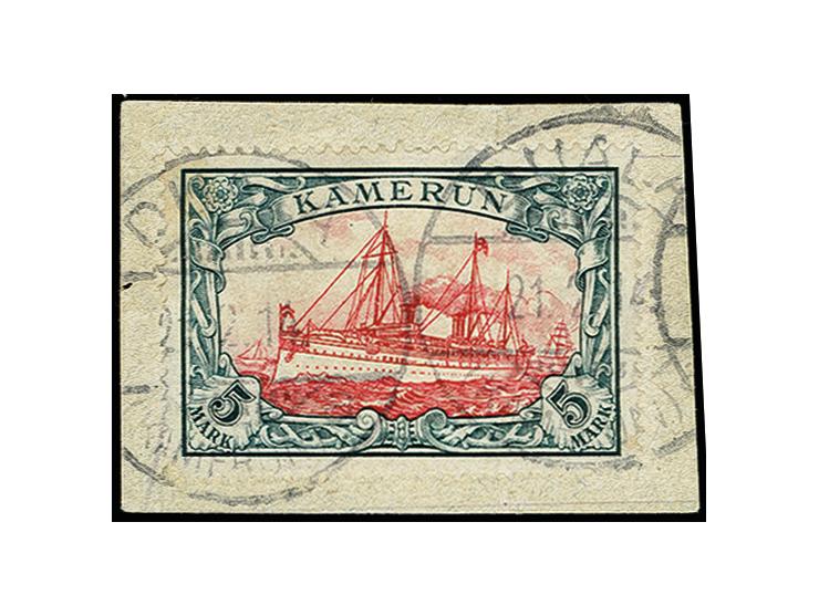 1905/19, Ausgabe mit Wz. 5 M., farbfrisch und gut gezähnt mit sauberem Stempel "DUALA 21.2.14" auf Briefstück, Pracht, sign. 