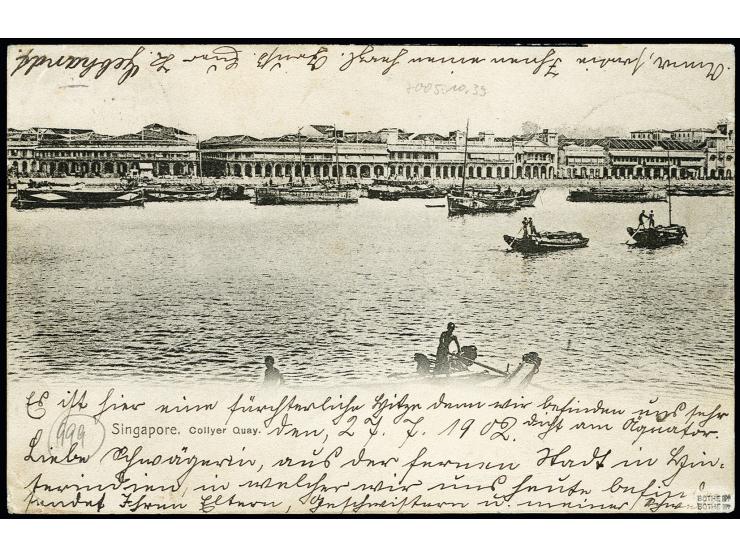 1902, Pisa-Provisorium, Ansichtskarte von Singapur mit "KDMSP No.2 27/7 02" und handschriftlicher "5" in der linken unteren E