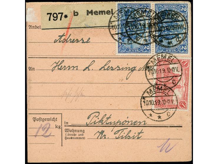 "PICTUPÖNEN * (KR. TILSIT) * 11.10.19" klar als Ankunftsstempel auf Paketkarte aus Memel, ein seltener Stempel, tadellos