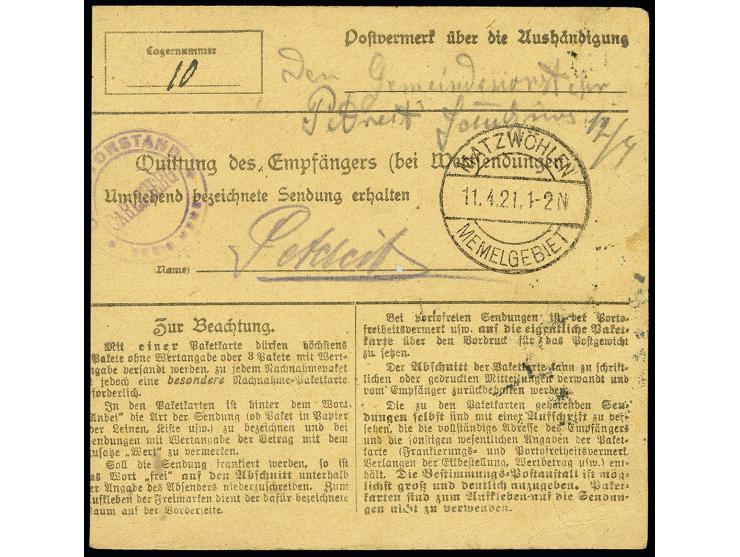 1m. auf 50C. und 2m. auf 1 Fr. sauber mit Päcken- bzw. Tagesstempel "MEMEL 11.4.21" auf Paketkarte nach Carlsberg mit Ankunft