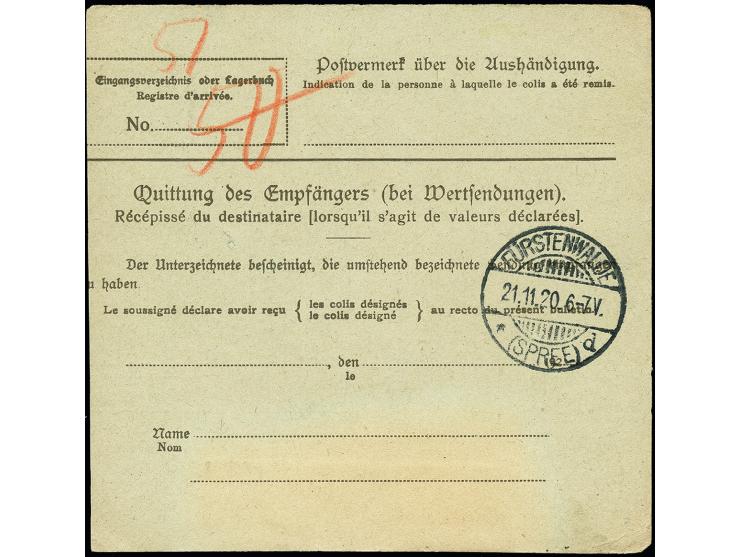 2m. auf 1fr. mit Stempel "BISMARCK 16.11.20" auf Paketkarte nach Fürstenwalde, kleiner Eckknitter, sonst tadellos