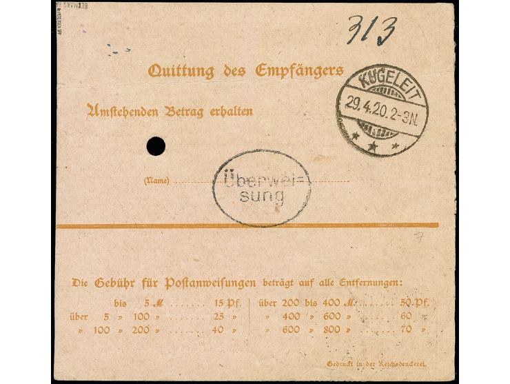 Germania 25 Pfg. Postanweisungskarte mit Nationalversammlung 15 Pfg. (Randklebung) als Zufrankatur mit Stempel "STONISCHKEN 3