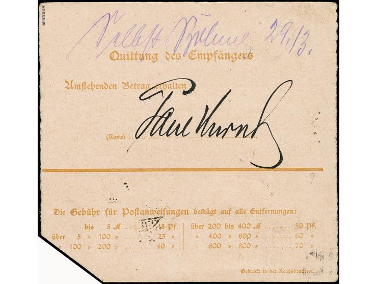 Germania 25 Pfg. Postanweisungskarte mit Germania 35 Pfg. als Zufrankatur mit Stempel "RUSS 20.3.20" nach Postappel, tadellos