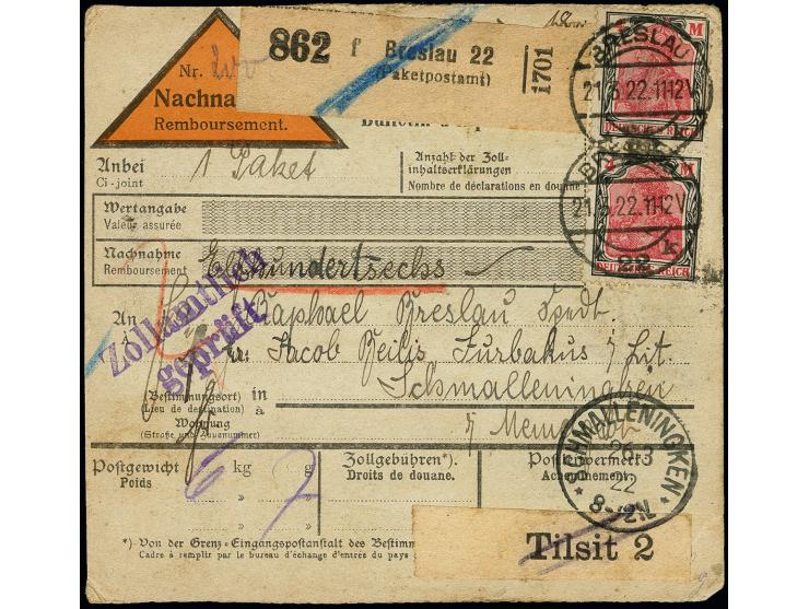 50fg. auf 35c. und 1m. auf 50c. mit Stempel "SCHMALLENINGKEN 23.3.22" rückseitig als Gebühr für Wiederholtes Vorzeigen auf fr