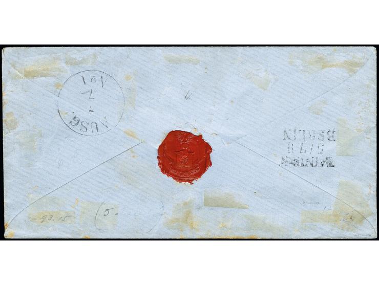 1852, 2 Sgr. lebhaftpreußischblau in Mischfrankatur mit 1853, 1 Sgr. auf sämisch mit Wz. 'Mundstück nach links', beide farbfr