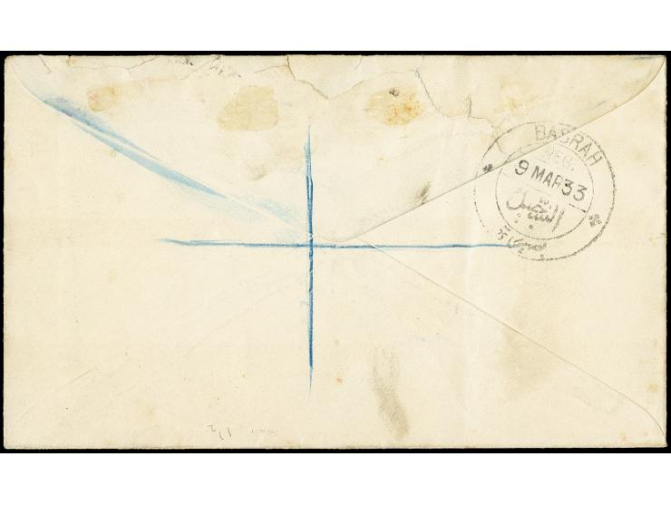 1933, George V 3 p. in horizontal pair, 1 a. and 2 a. 6 p. in horizontal pair, tied to registered cover to Basrah with arriva
