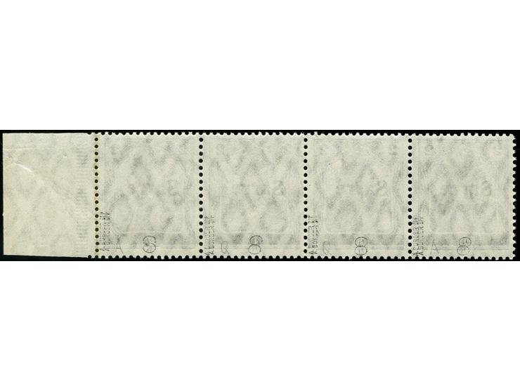 2 Pfg. im waagerechten Viererstreifen, die linke und rechte Marke mit Aufdruckfehler "senkrecht geteilter Balken", die mittle