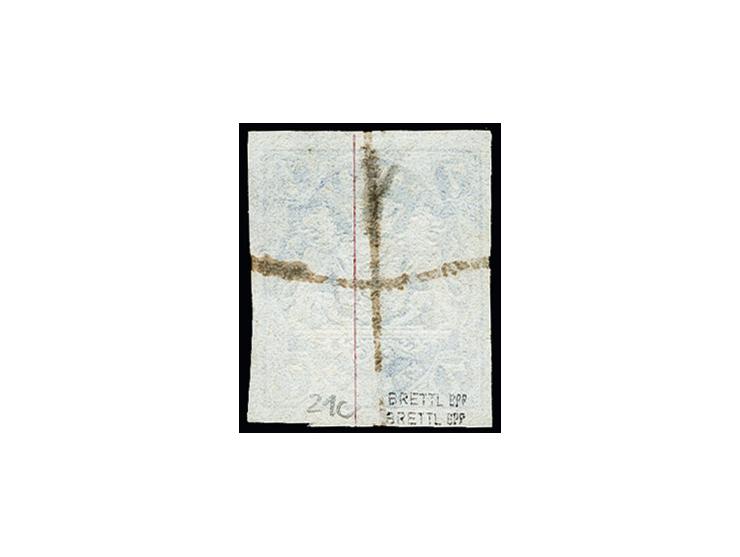 7 Kr. preußischblau, farbfrisch und gut voll- bis breitrandig mit zentrischem Federkreuz und kleinem Rötelstrich, einwandfrei