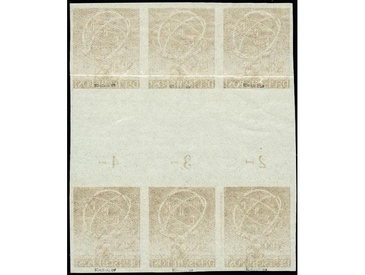 1950, ERP 20 Pfg. Probedruck in schwärzlichgelbbraun, ungezähnt Zwischensteg-6er-Block mit 3 senkrechten Zwischenstegpaaren, 