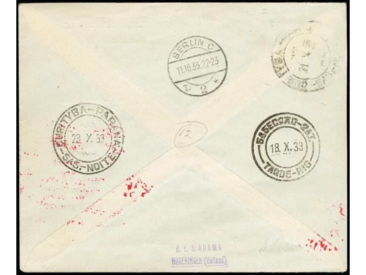 Chicagofahrt 1 M., zwei Einzelwerte mit Stempel „HANNOVER 11.10.33“ als verklebte Mehrfachfrankatur auf R-Brief via Berlin al