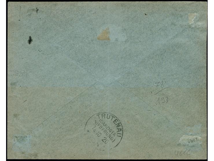 Großer Innendienst 2 M. linkes Randstück, Feld 9, gestempelt "DANZIG 13.10.20" auf um 10 Pfg. überfrankiertem Eilboten-R-Brie