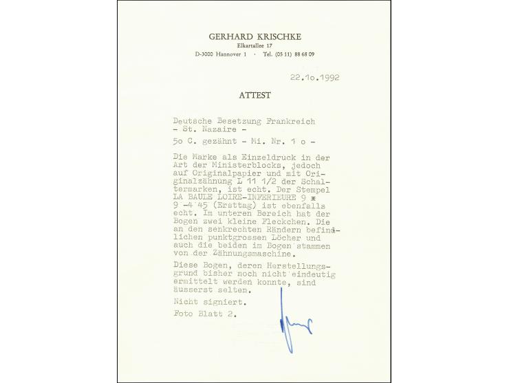 Sonderbogen 50 C. auf mittelgraugrünem Papier im Format 134 x 214 mm mit Ersttagsstempel „LA BAUL 9.4.45“, links und rechts i