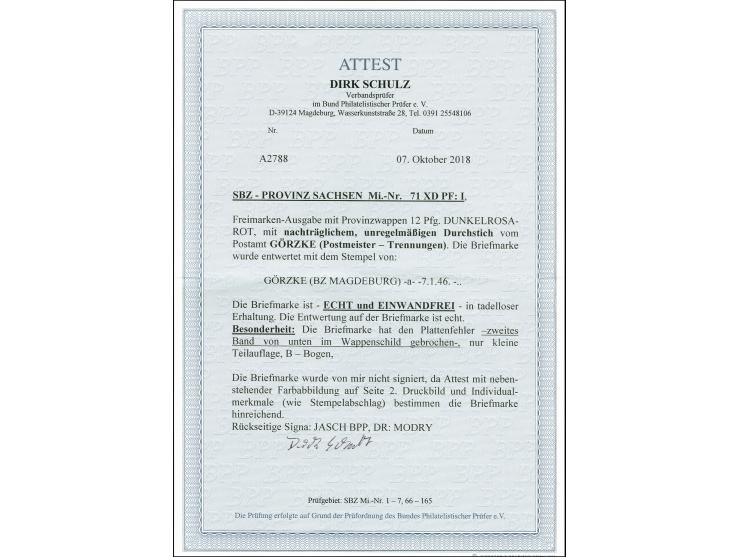 Görzke mit unregelmäßigem Durchstich: 12 Pfg. mit Plattenfehler „zweites Band von unten im Wappenschild gebrochen“, sauber ge