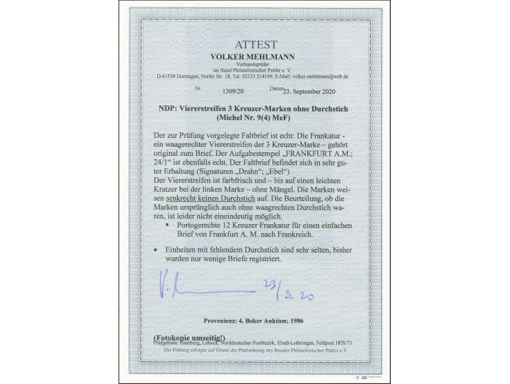 3 Kreuzer karmin undurchstochen, waagerechter 4er-Streifen, farbfrisch und noch voll- bis breitrandig mit sauber auf- und neb