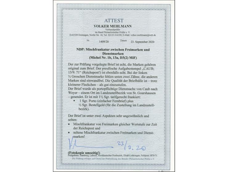 1870, ½ Groschen schwarz/mattorangerot, 2 Einzelstücke in Mischfrankatur mit Freimarken 1868, ¼ Groschen bräunlichlila und 18