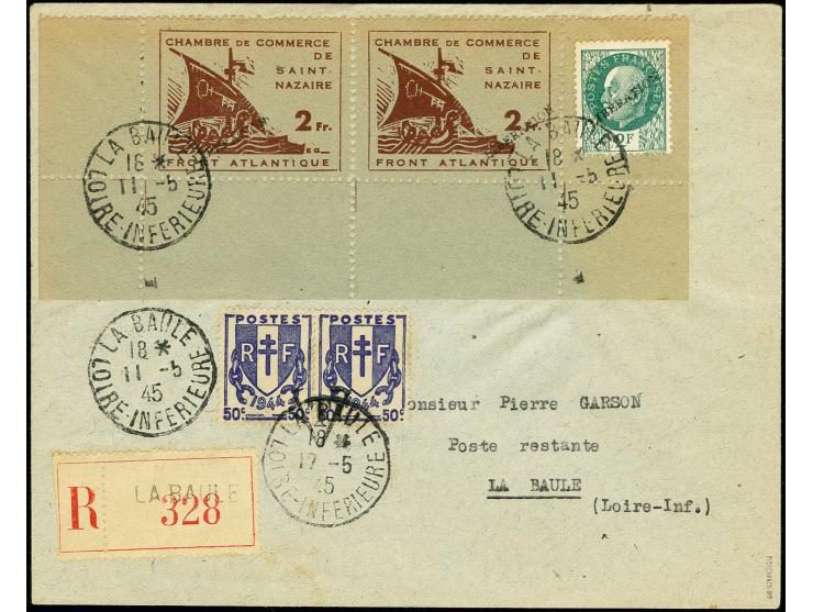 2 Fr. mit Abart „ohne Stecherzeichen EG“ (Feld 10) und Stempel „Liberation“ im waagerechten Unterrandpaar mit Normalmarke auf